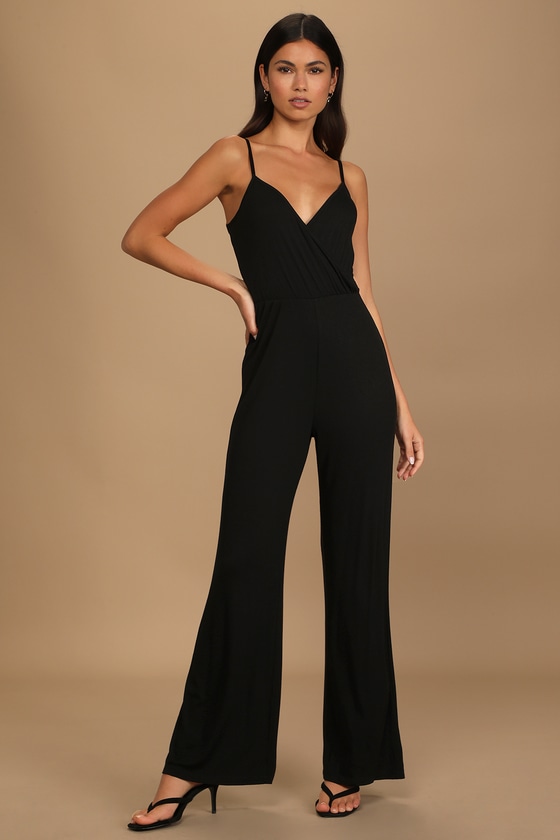 Black Ribbed Jumpsuit - Surplice Jumpsuit - Straight Leg Jumpsuit - Lulus