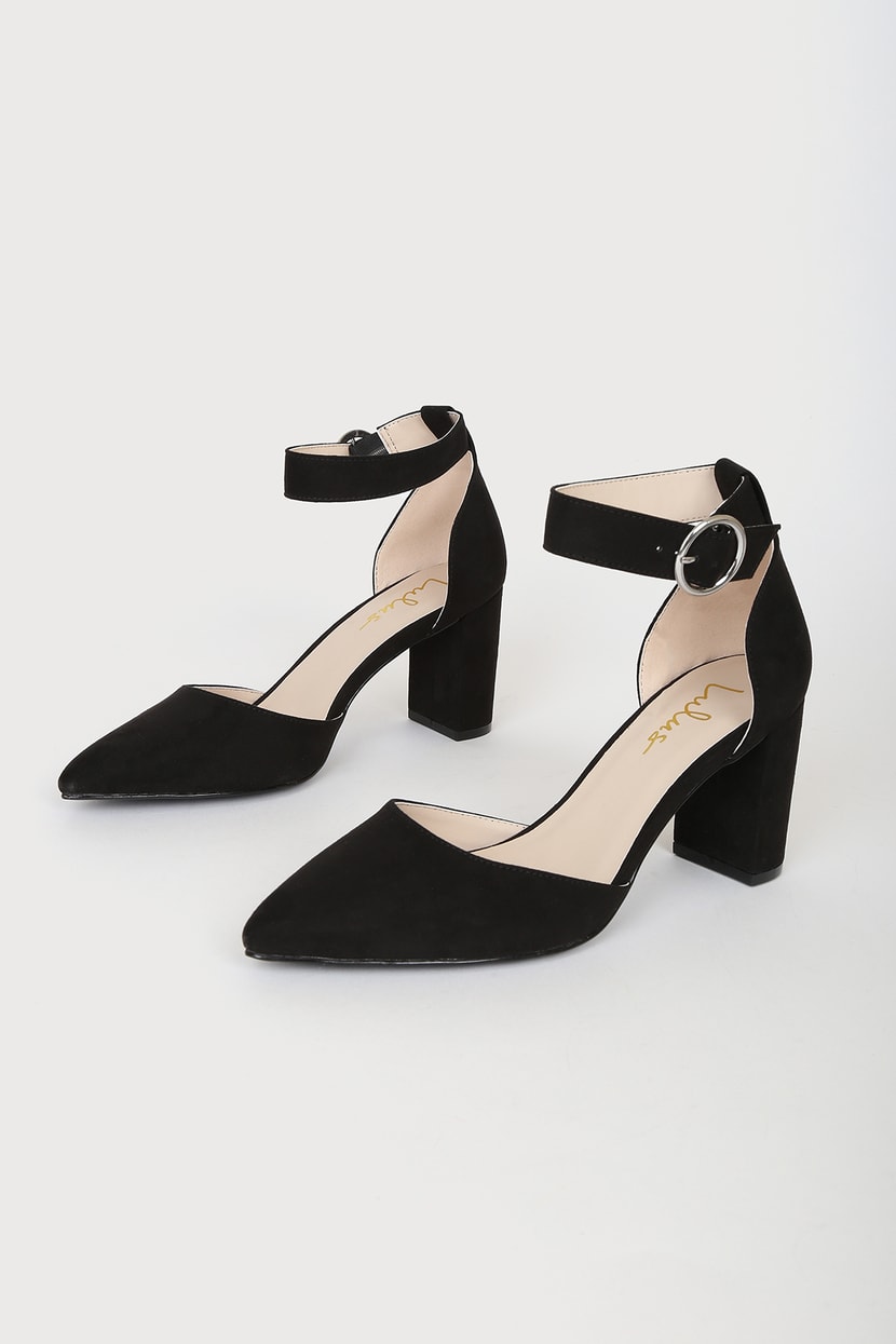 Nadiana Black Suede Pointed-Toe Ankle Strap Pumps