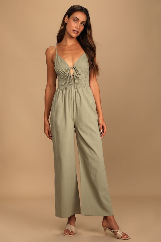 Green Smocked Sleeveless Wide Leg Jumpsuit with Pockets main image 1
