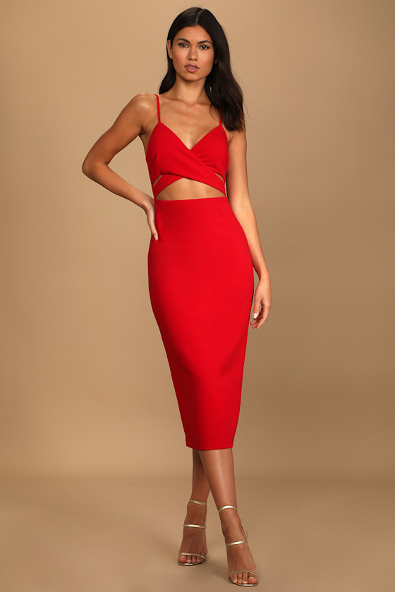 Cross Your Heart Red Surplice Cutout Bodycon Midi Dress 5