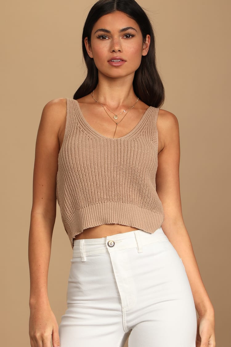 Let's Get Away Taupe Knit Twist Back Tank Top