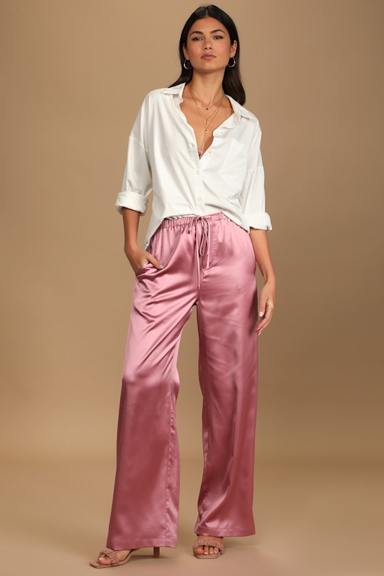 Up a Level Rose Pink Satin Wide-Leg Drawstring Trousers 2