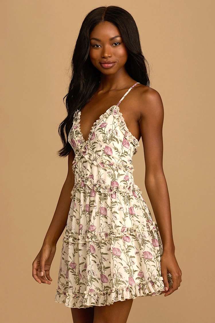 Cream Floral Print Dress - Tiered Mini Dress - Ruffled Mini Dress