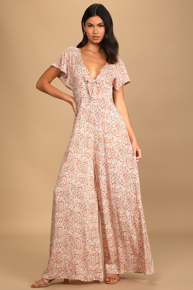 Afternoon Fun Orange Floral Print Tie-Front Wide-Leg Jumpsuit