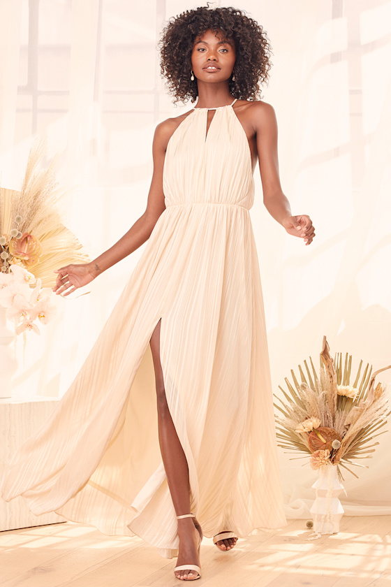 With You By My Side Beige Striped Halter Maxi Dress 2