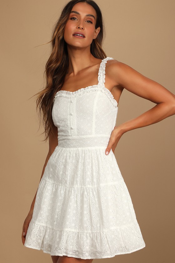 Picnic Perfection White Eyelet Embroidered Ruffled Mini Dress