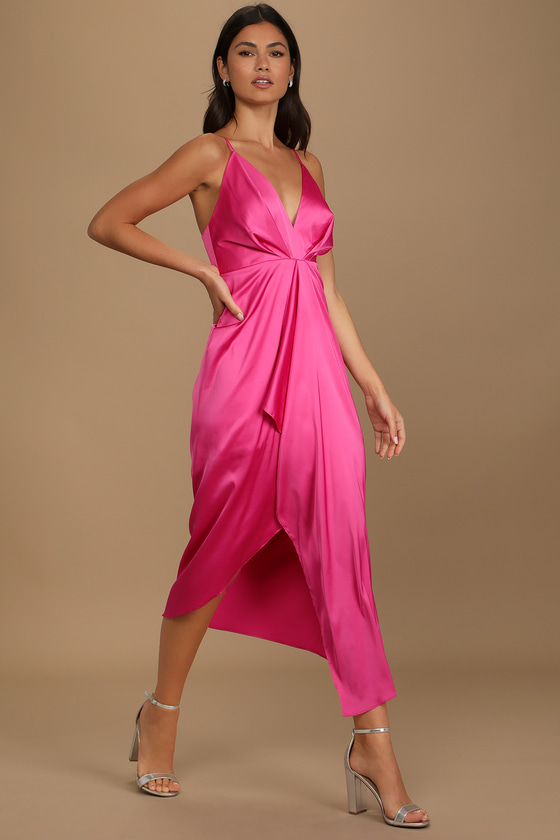 Caught Feelings Hot Pink Satin Ruffled Midi Dress