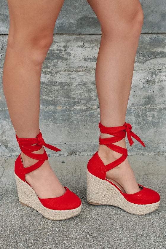 Saramae Red Lace-Up Espadrille Wedges 5