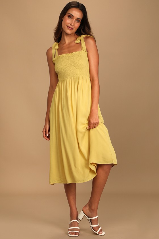 Yellow Midi Dress - Smocked Dress - Tie-Strap Midi Dress - Lulus