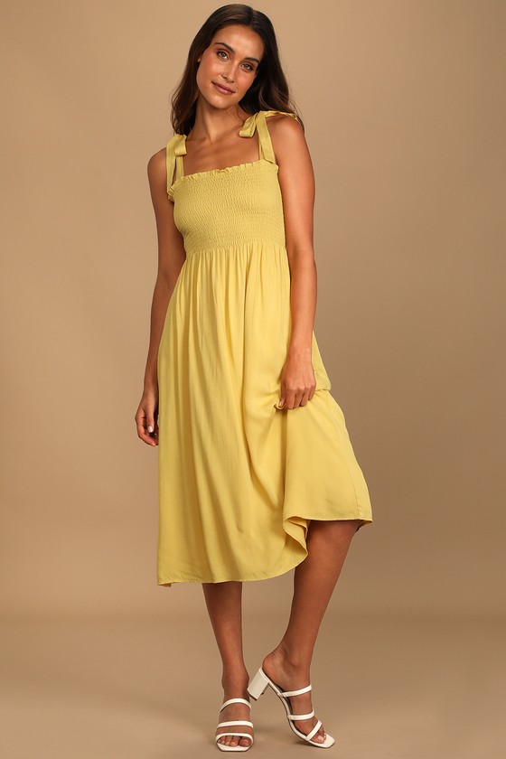 Looking Up Yellow Smocked Tie-Strap Midi Dress