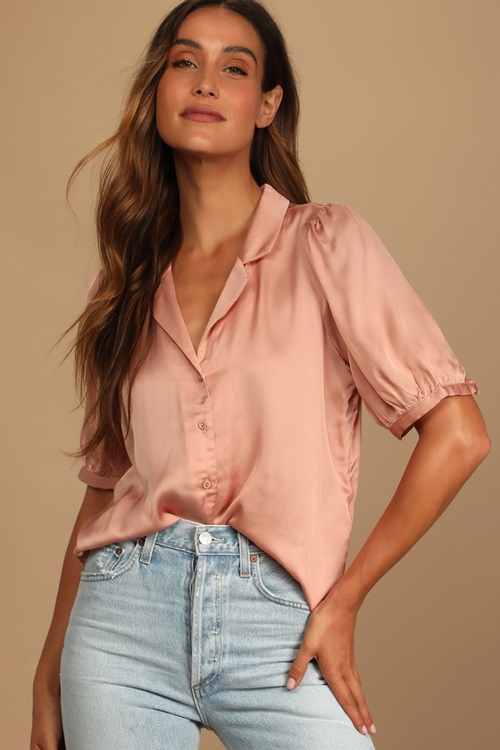 Sweet and Chic Dusty Pink Satin Button Up Short Sleeve Top