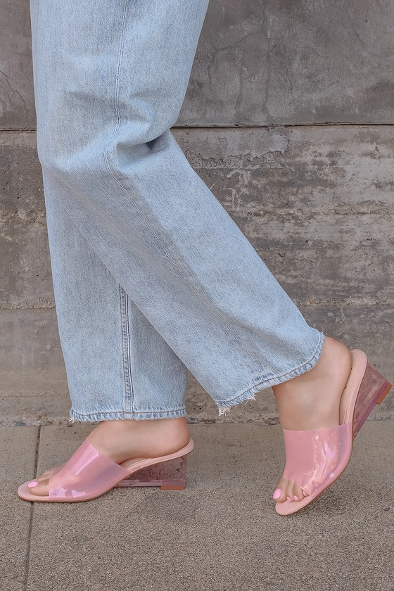 Blush Pink Sandals - Clear Vinyl Heels - Lucite Wedge Sandals - Lulus