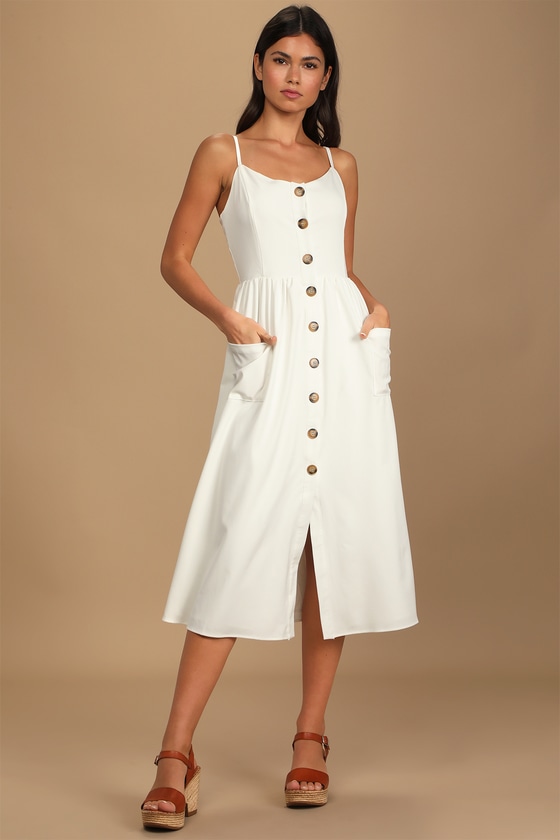 Take a Stroll with Me White Button-Front Midi Dress