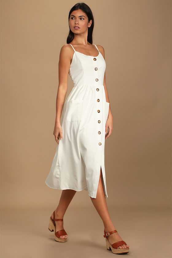 White Midi Dress - Button Front Dress - Button-Up Dress