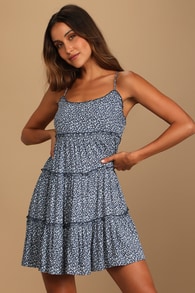 Sitting in the Sun Navy Blue Floral Print Ruffled Babydoll Dress