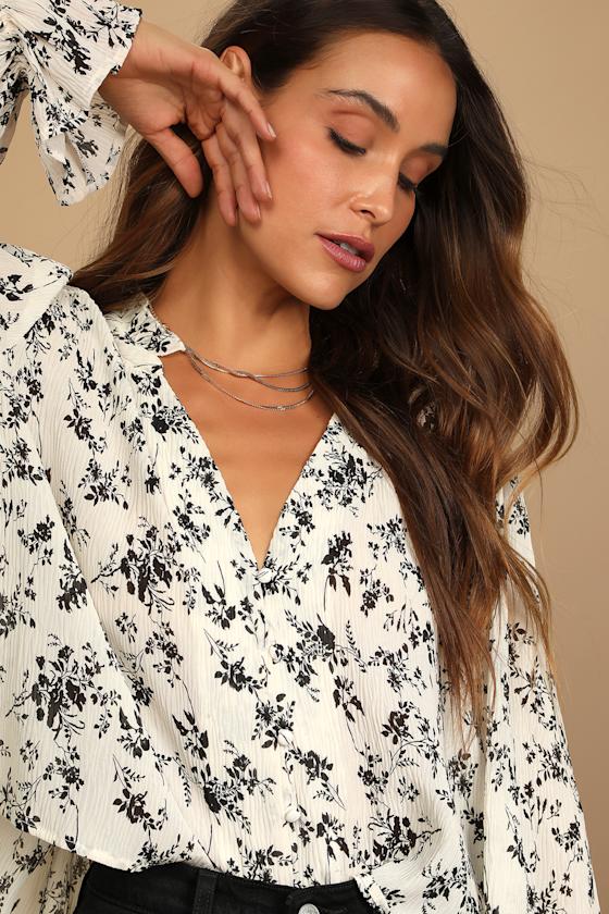 Keep Things Classy Beige Floral Print Button-Up Long Sleeve Top - thumbnail 2