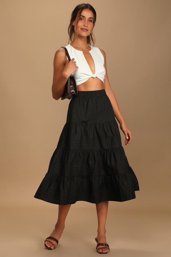 Black Midi Skirt - Tiered Midi Skirt - Poplin Midi Skirt - Lulus