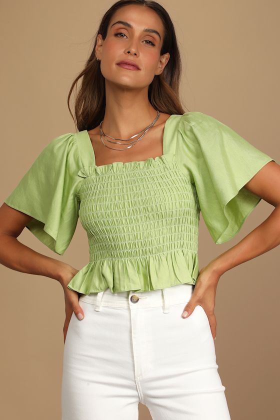 Smocked Light Green Top Butterfly Sleeve Top Ruffled Top Lulus