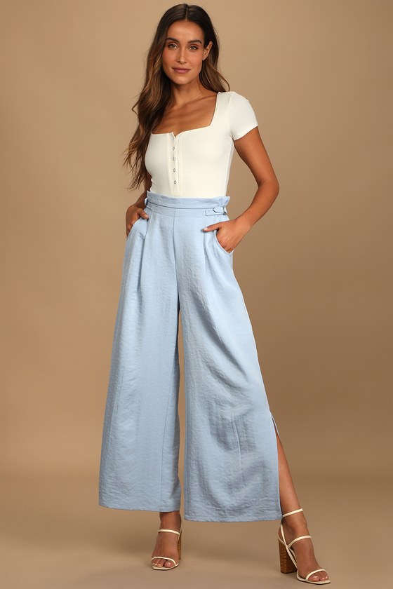 Dusty Blue Wide-Leg Pants - Slit Leg Pants - High Waisted Pants - Lulus