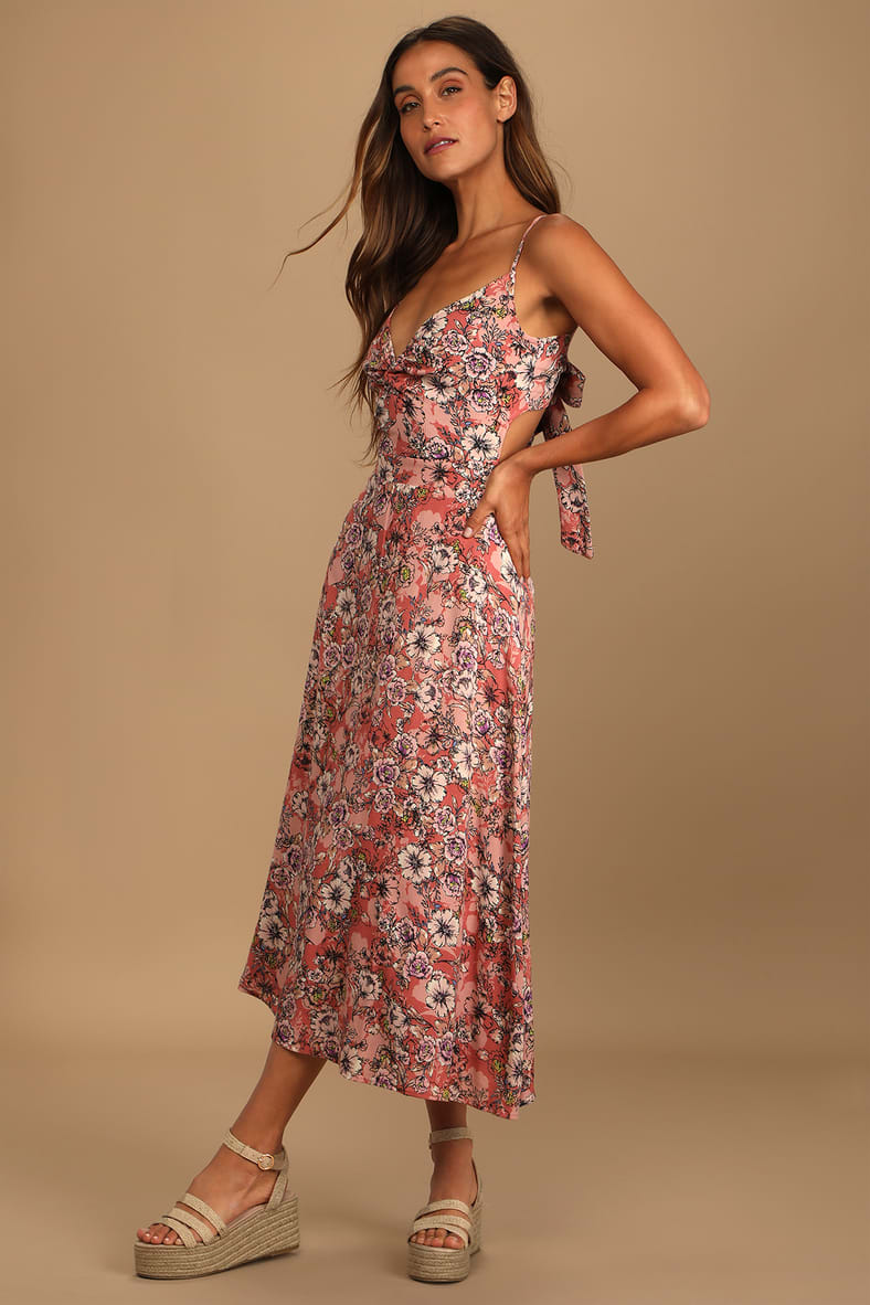Ties With You Rose Pink Floral Print Tie-Back Midi Dress