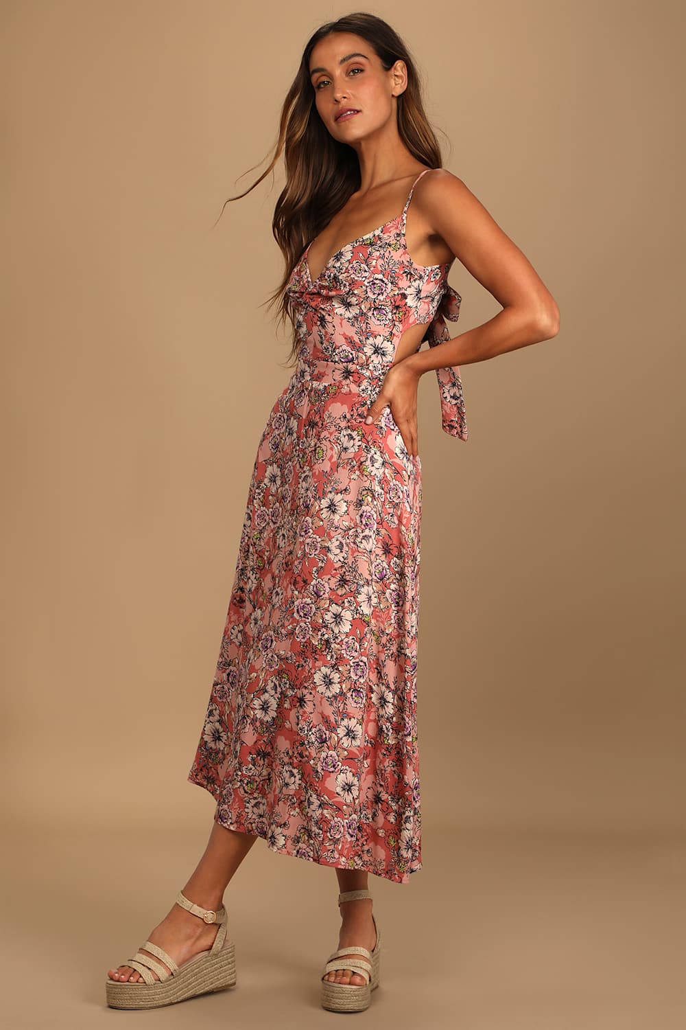 Ties With You Rose Pink Floral Print Tie-Back Midi Dress