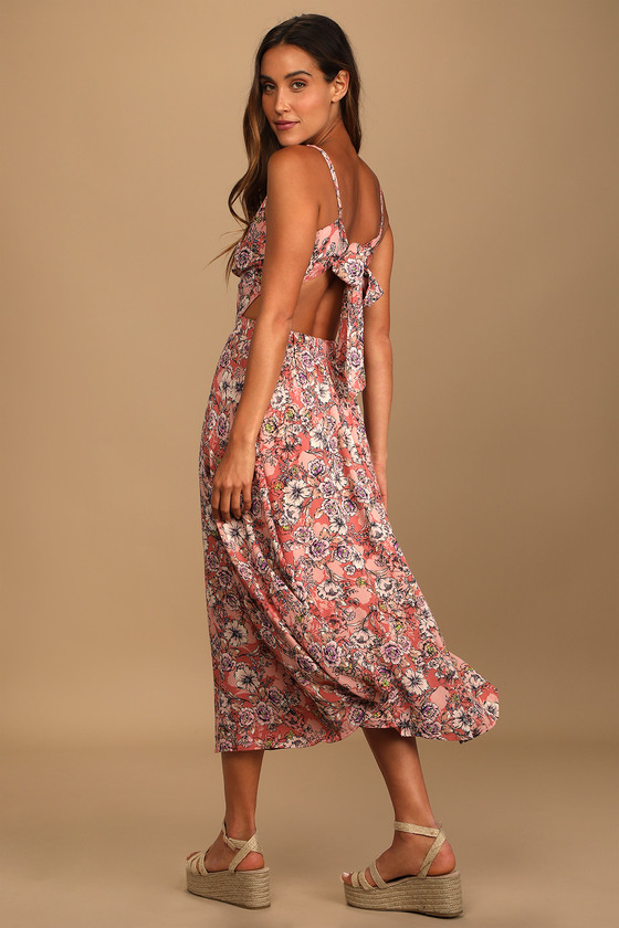 Lulus Ties With You Rose Pink Floral Print Tie-back Midi Dress