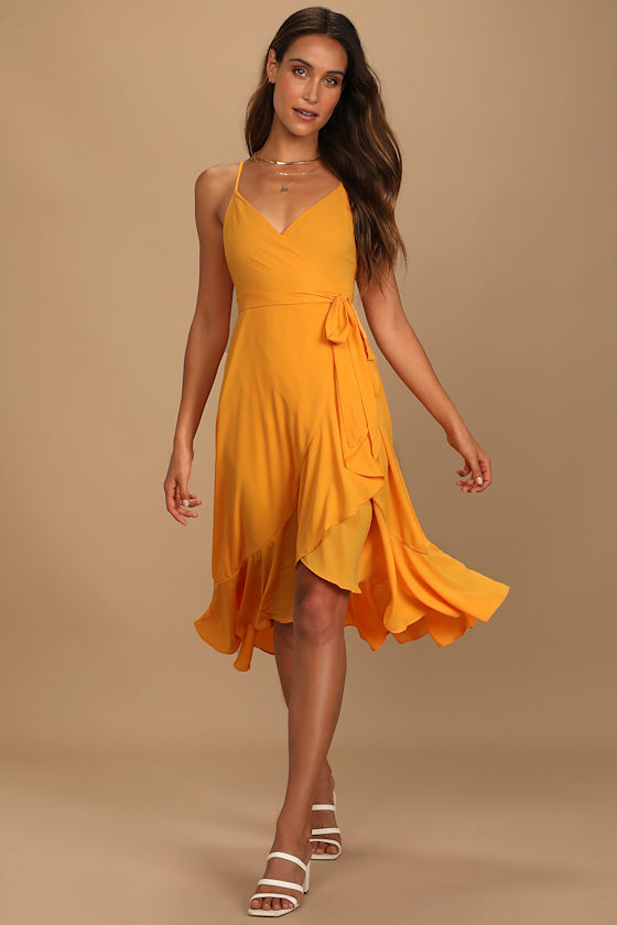 orange wrap midi dress