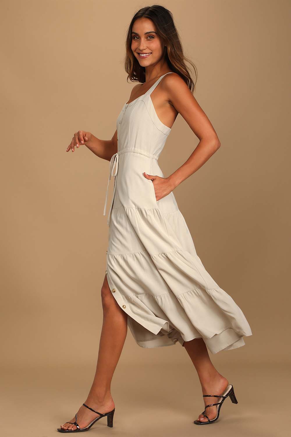 See the City Beige Button-Front Tiered Midi Dress