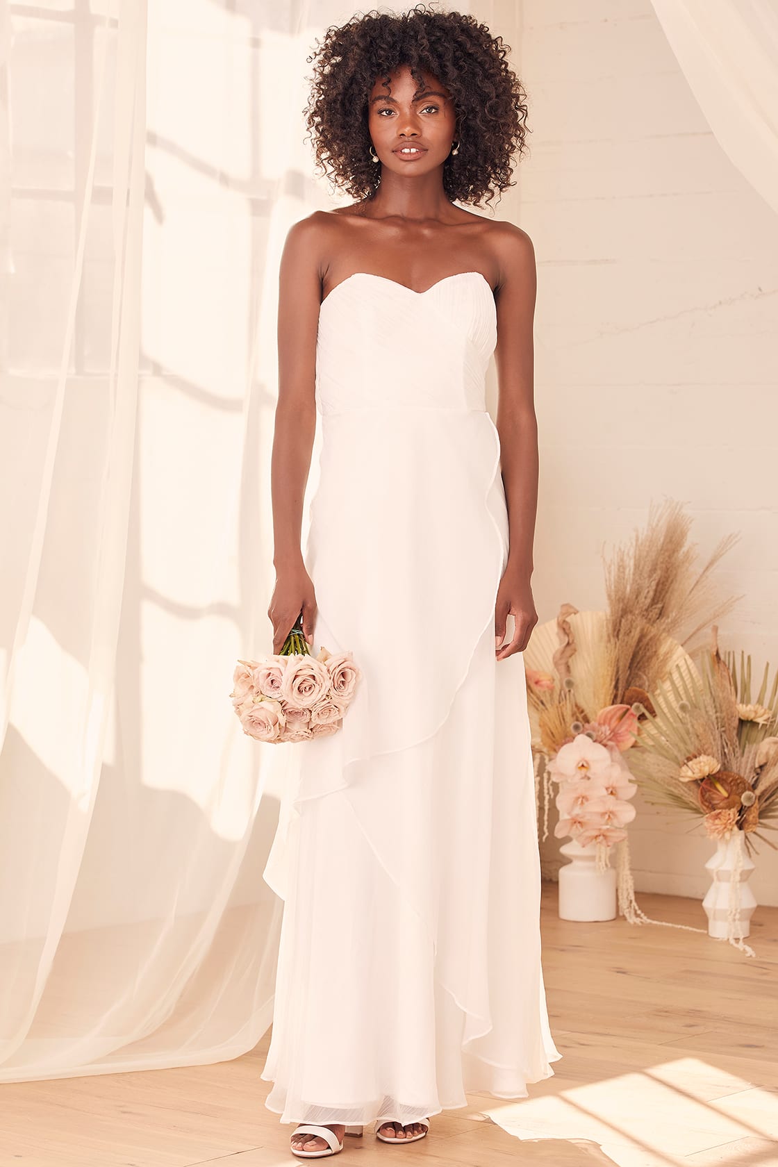 All About Forever White Pleated Strapless Maxi Dress