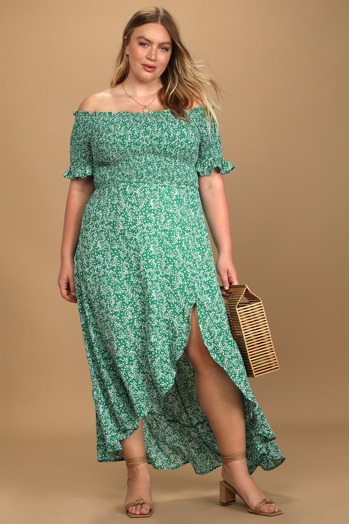 Plus Size Green Off Shoulder Floral Maxi Dress for Summer, Brunch, Lunch, and Bachelorette Party