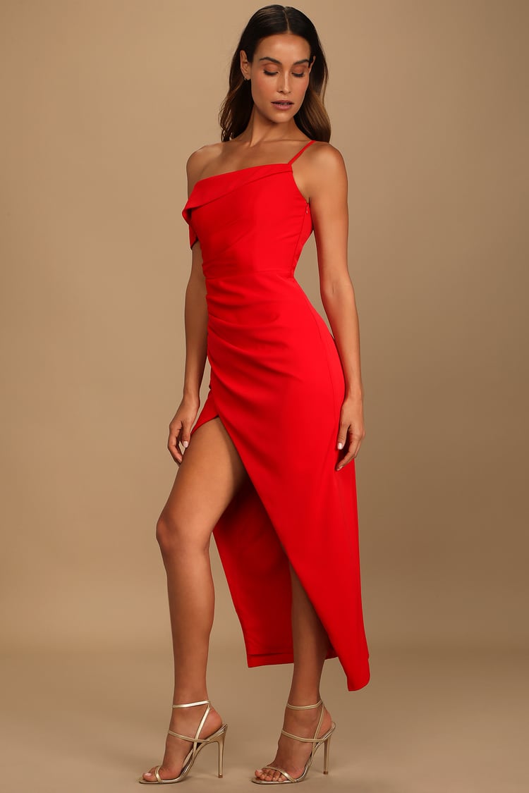 Showing Off a Little Red Asymmetrical Tulip Midi Dress