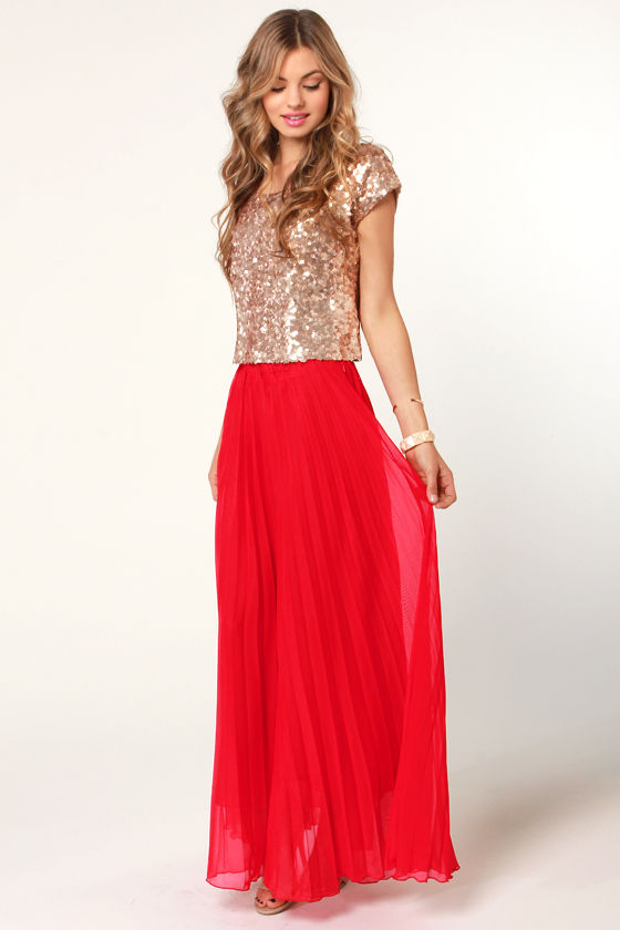 red pleated long skirt