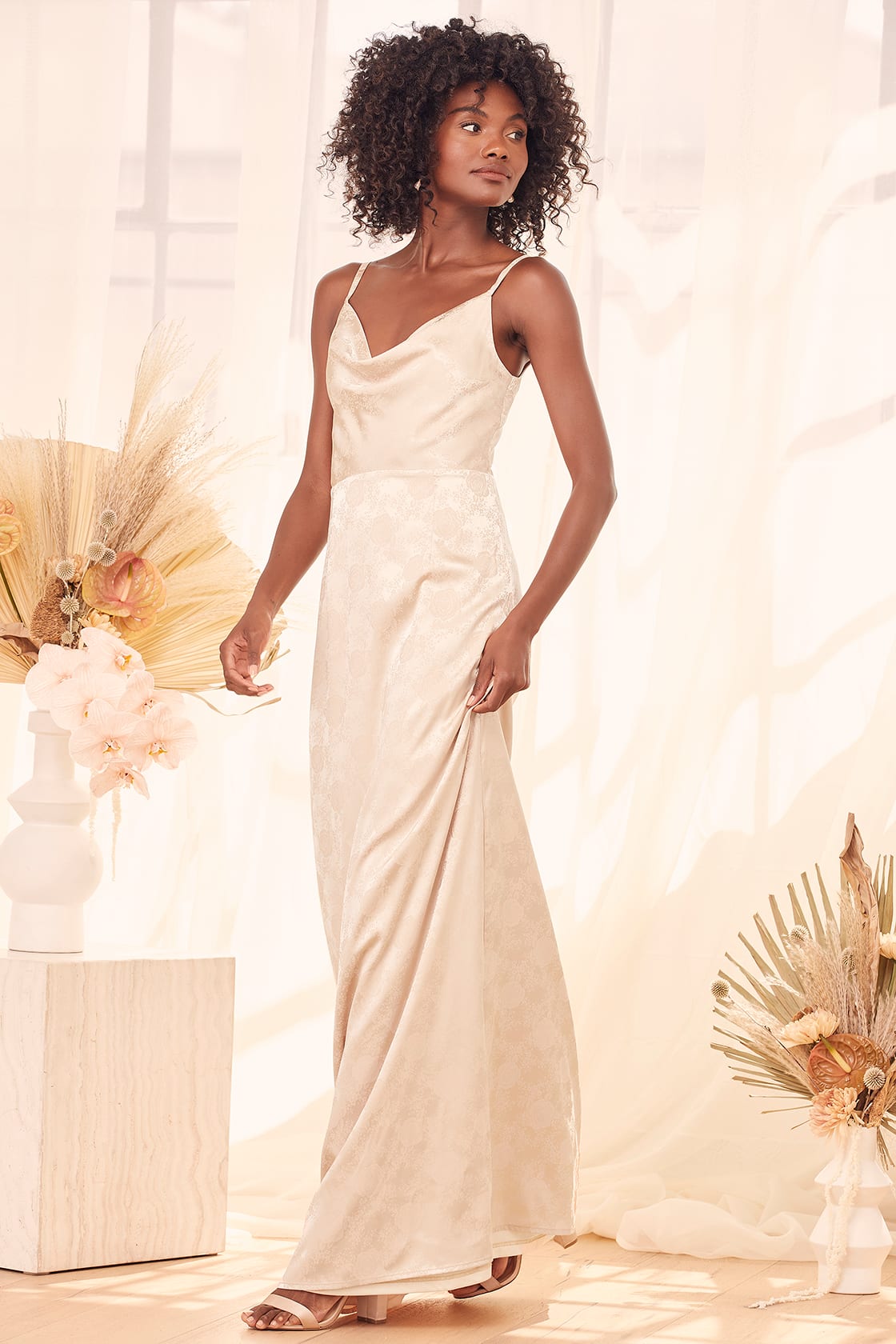 Top 30 Champagne Bridesmaid Dresses for 2024 4 It's So Romantic Champagne Satin Jacquard Cowl Neck Maxi Dress