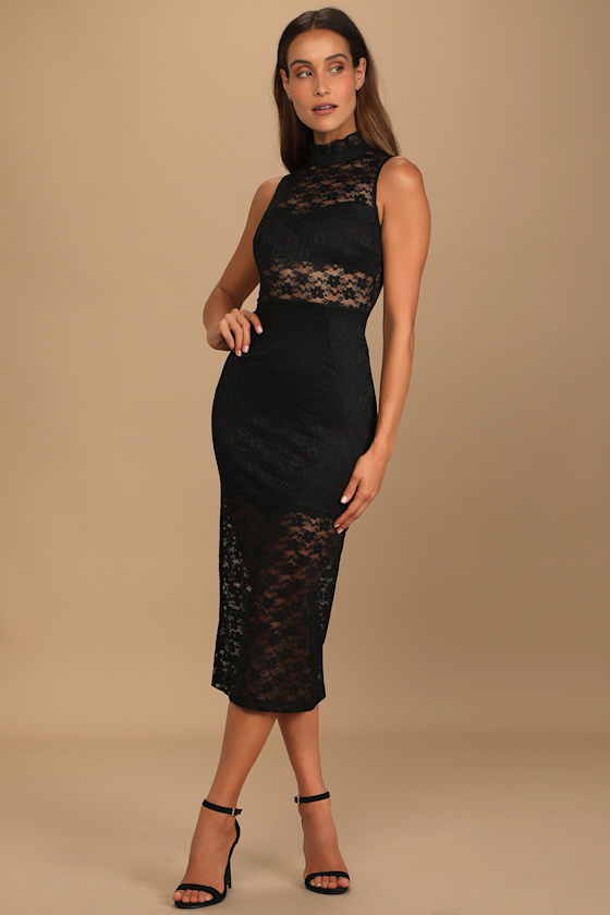 Visions of Love Black Lace Mock Neck Midi Dress 4