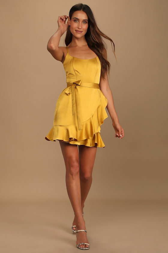 Glamourous Lifestyle Mustard Yellow Satin Faux-Wrap Mini Dress 4