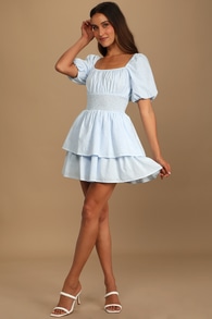 Tiers To Me Light Blue Puff Sleeve Tiered Skater Mini Dress