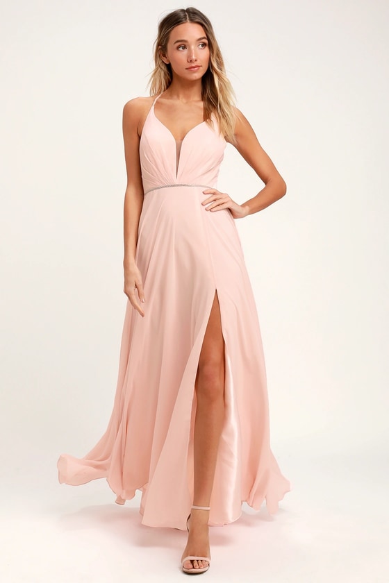 She's Gorgeous Blush Pink Lace-Up Rhinestone Maxi Dress
