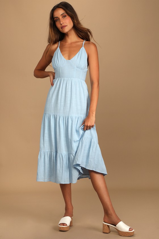 Light Blue Dress - Tiered Mid Dress - Cotton Midi Dress - Lulus