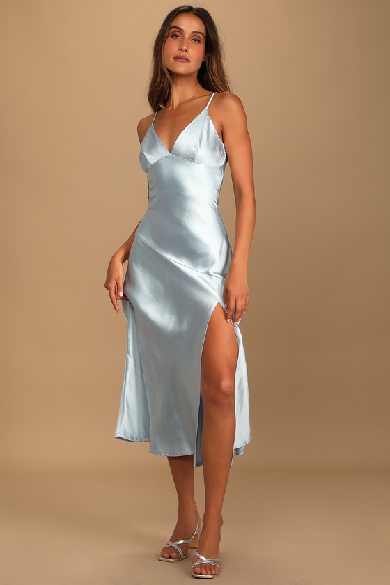 Blue Satin Slip Dress - Satin Midi Dress - Sleeveless Midi Dress - Lulus