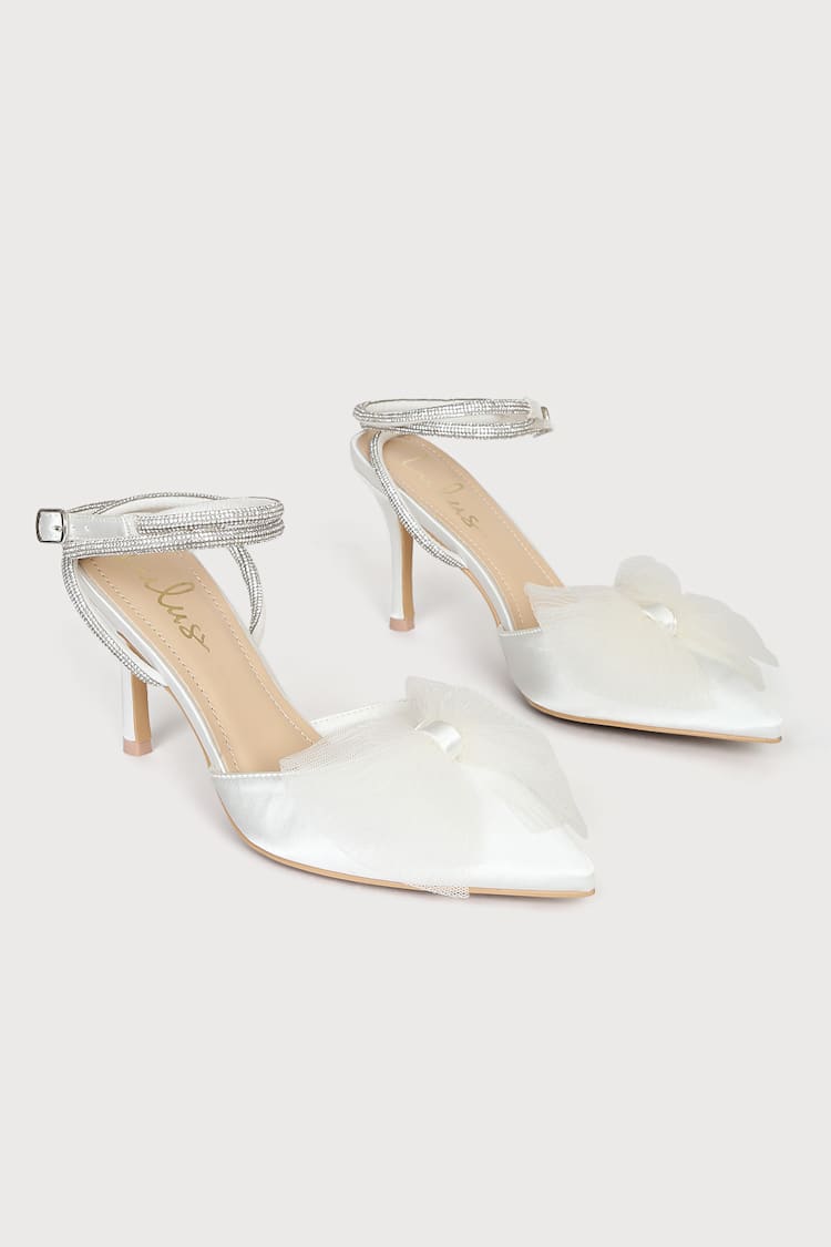 Lelanee White Satin Rhinestone Bow Ankle Strap Pumps