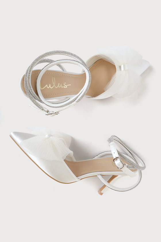 Lelanee White Satin Rhinestone Bow Ankle Strap Pumps - thumbnail 4