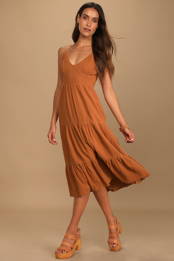 Bliss Abound Rust Brown Tiered Midi Dress 4