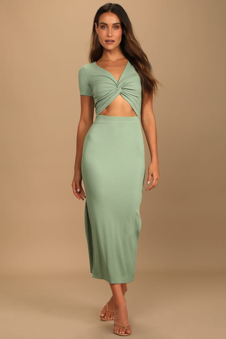 Sage Green Dress - Twist Front Dress - Short Sleeve Midi Dress - Lulus