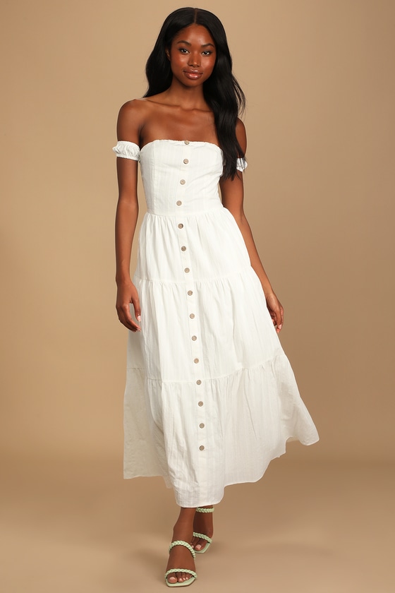 White Midi Dress - Off-the-Shoulder Dress - Button-Front Dress - Lulus