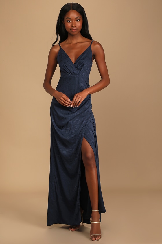 Navy Blue Satin Dress - Floral Jacquard ...