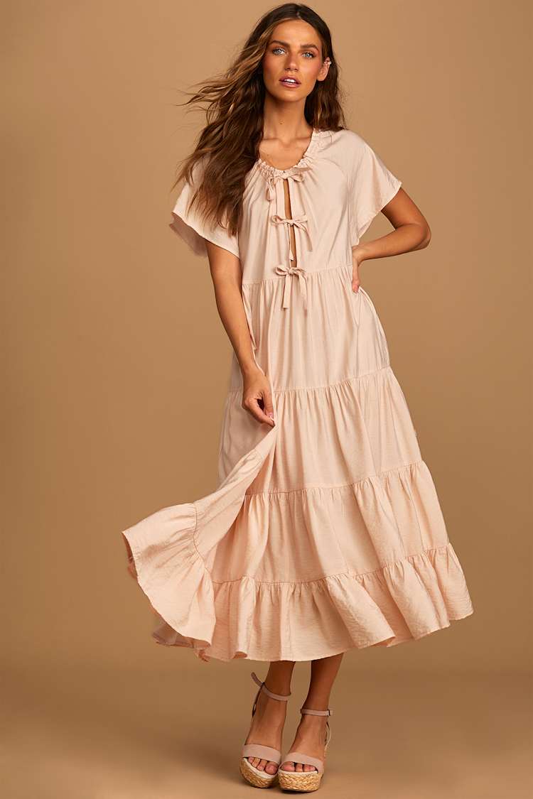 Blush Pink Maxi Dress - Tie-Front Maxi Dress - Babydoll Maxi - Lulus