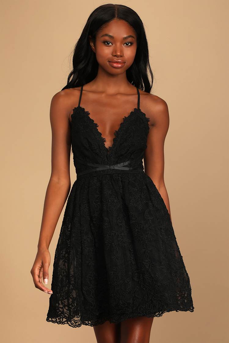 Black Lace V Neck Skater Dress