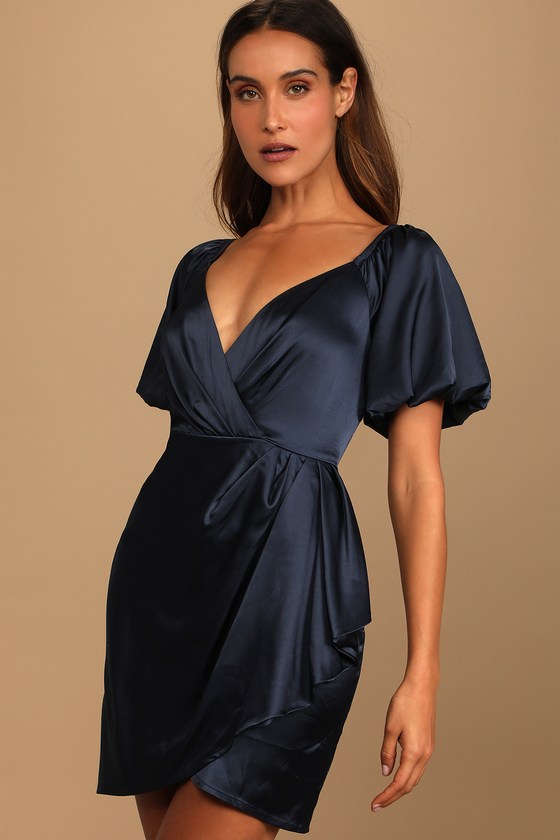 Navy Blue Satin Dress - Puff Sleeve ...