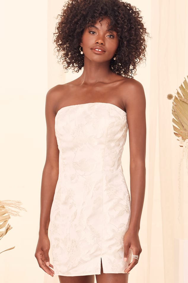 White Strapless Dress - Jacquard Mini Dress - White Floral Dress - Lulus