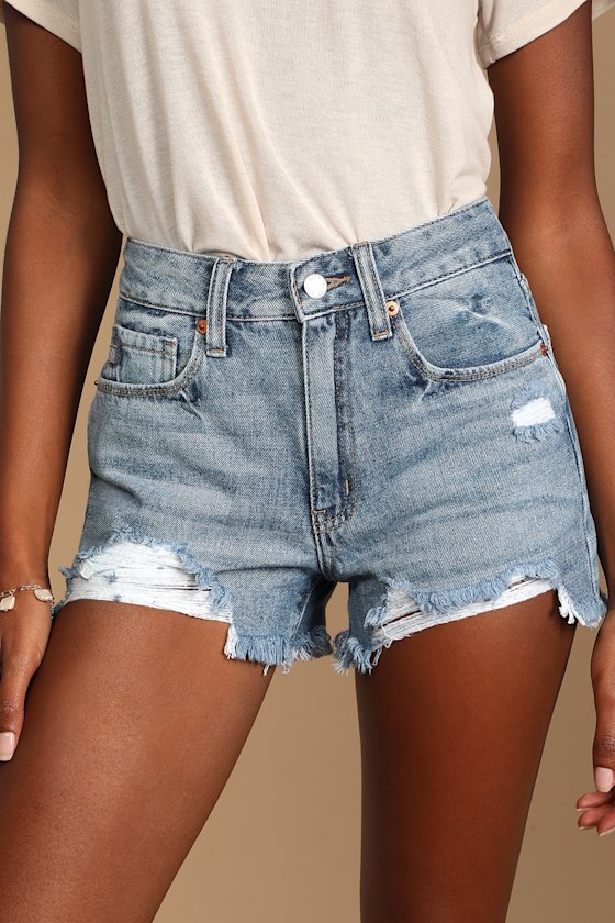 Warm Days Medium Wash Distressed High Rise Cutoff Shorts 3